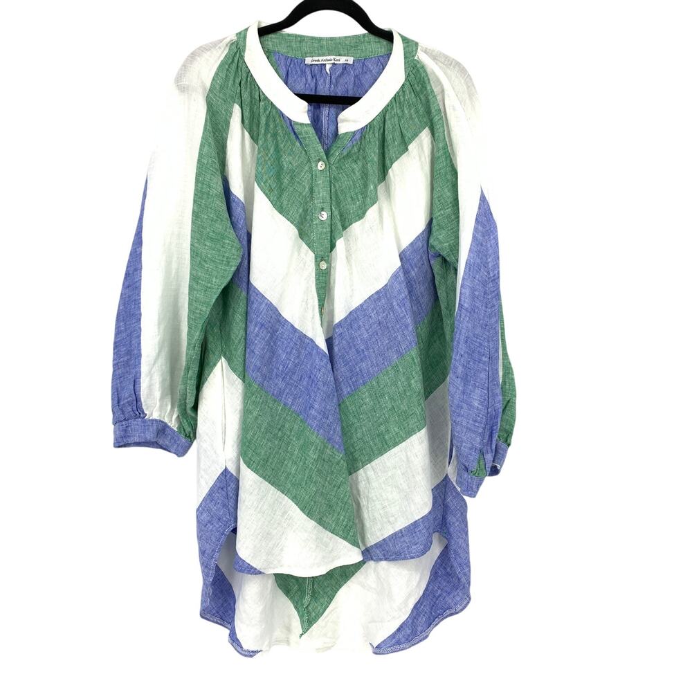 Greek Archaic Kori Long Sleeve Hi Low Tunic Womens XS Striped Linen Blue Green